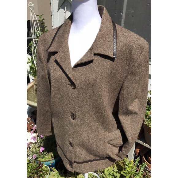 Vtg Wool Pendleton Brown HTF Suit Jacket Blazer Women’s 18 L Xl Leather Trim Mod - Picture 2 of 16